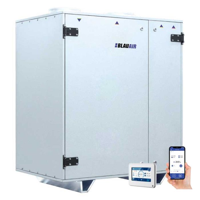 Blauair Vertical Heat Recovery Air Handling Unit Commercial with Thermal Wheel - Water Heater - Built-In Controls - RV-2500-HW-S25-R