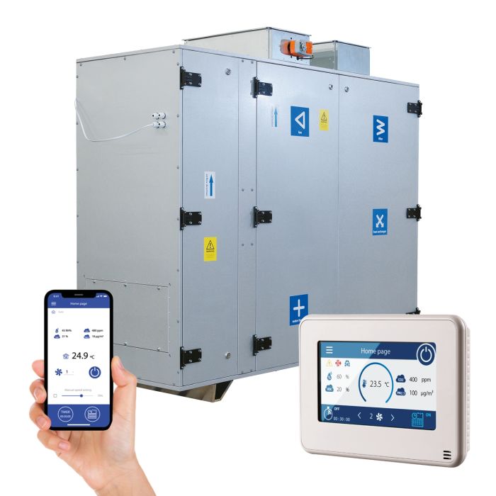 Heat Recovery AHU with BMS Controls	Low Carbon Unit with Summer Bypass Vertical Duct Connections - LPHW Battery - CFV-800