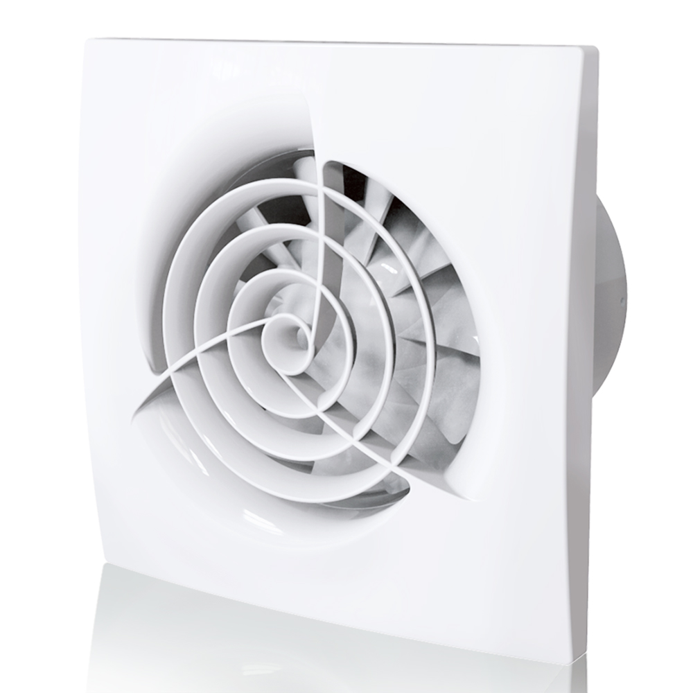 Close-up image of a modern bathroom extractor fan mounted on a white ceiling, featuring a circular design with a grid cover and a small central vent.